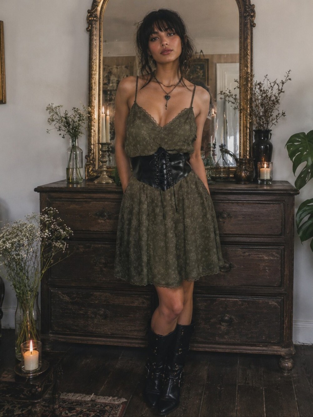 Thorne Fable Green Skeleton Print Corset Dress Size Medium Lace Trim Goth Witchy